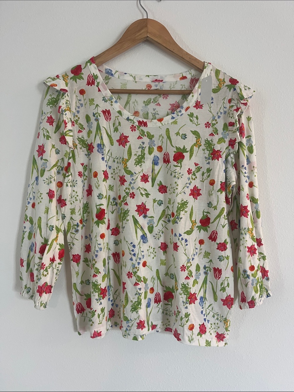 LOFT Cream Floral Long Sleeve Tee with Red and Green Print